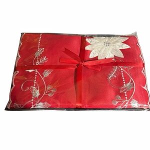 Red Table Unner with 4 Placematawith Silver Floral Design